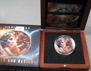 Moneda de plata 2025 de 1 oz .9999 de ángeles y demonios hoja de arce. 400 Vintage - Imagen 1 de 16