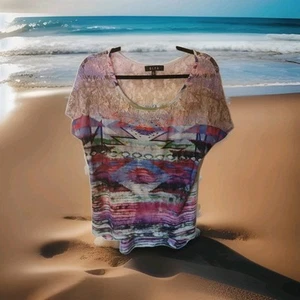 B.L.E.U. Short Sleeve Shirt Womens Size Large With Studs+Lace - Picture 1 of 13