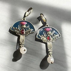 Thistle Cloisonne Faux Pearl  Earrings  - Picture 1 of 4
