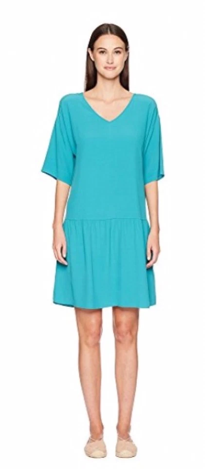Eileen Fisher Drop Waist Tencel Lyocell Blend Dress Blue 12177 Size L