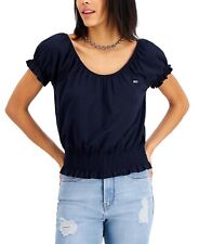 Tommy Jeans Women's Smocked Cotton Peasant Top Blue Size X-Small