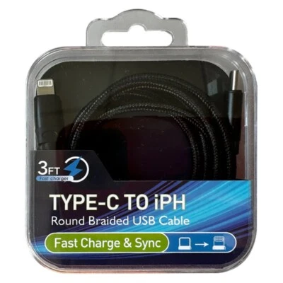 3FT USB-C Type C to 8-Pin Fast Charging Sync Nylon Braided Cable PD Cord Black - Image 1 of 4