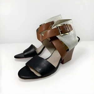 MICHAEL Michael Kors Sandals Tan Off White Snake Black Leather Cross Buckle 9M - Picture 1 of 9