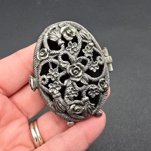 Vintage Pewter Hinged Locket Frame Rose Floral Silver Tone - Picture 1 of 7