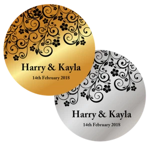 PERSONALISIERTE AUFKLEBER HOCHZEIT GESCHENKE METALLIC GOLD SILBER ETIKETTEN NAMEN FLORAL - Bild 1 von 1