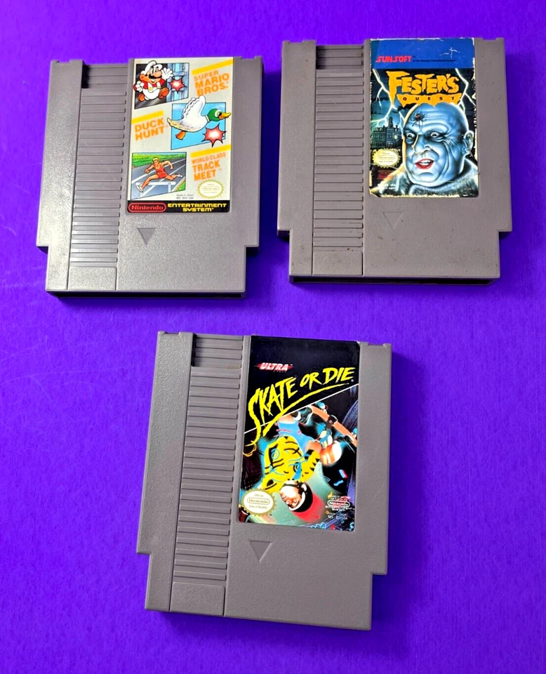NES FESTER'S QUEST, SKATE OR DIE, MARIO/DUCK HUNT/TRACK MEET 3 GAME LOT   IO - Image 1 of 4