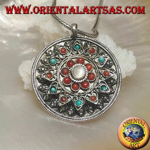 Ciondolo Argento 925‰ a scatola con fiore di coralli, turchesi e pietra di luna - Immagine 1 di 1