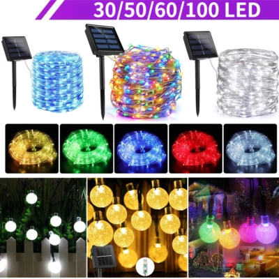 Solar LED Copper Wire String Fairy Lights Outdoor Garden Crystal Globe Rope Lamp - Image 1 of 4