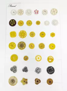 34 Vintage Plastic Yellow White Silver Button Collector Display Card - Picture 1 of 11
