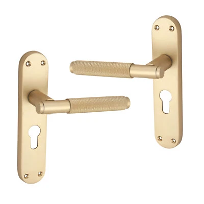 Door Handles Pair Satin Brass Knurled Lever on Backplate Euro Lock Handles Set - Image 1 of 4