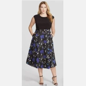 NWT Alex Evenings Dress Womens 20W Tea Length Cap Sleeve Floral Print Blue Black - Picture 1 of 12