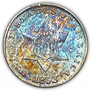 1853 Three Cent Silver Trime Rainbow Toning Brilliant Uncirculated BU Coin 19009 - Picture 1 of 3
