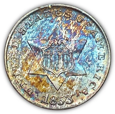 1853 Three Cent Silver Trime Rainbow Toning Brilliant Uncirculated BU Coin 19009 - Image 1 of 3