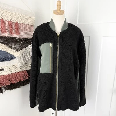 Free People Rivington Sherpa Oversized Jacket Bomber Style Black Olive Sz L NWT - Image 1 of 4