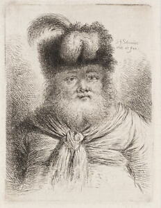 SCHMIDT (*1712) wg REMBRANDTA (*1606), Bärtiger Man z futrzaną czapką, koło.