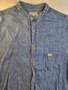 Vintage 90s Guess Jeans Denim Button Up Shirt Mens Size Medium Collarless Band - Picture 1 of 9