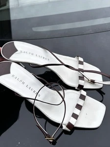 Sandalias Ralph Lauren Marrón y Blanco Rayas Tirantes Tacones Talla 8B Hechas en Italia - Imagen 1 de 7