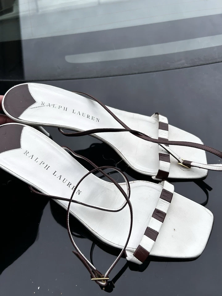 Sandalias Ralph Lauren Marrón y Blanco Rayas Tirantes Tacones Talla 8B Hechas en Italia Foto 1 de 4