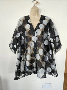 CHESCA Black & Silver Spotted Sheer BLOUSE UK 24 Short Sleeve Shirt Layering Top - Picture 1 of 23