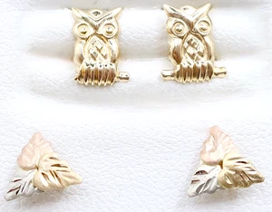 2 Pairs 14k Gold Girls Pierced Earrings ,54 Gram Tricolor Leaves & As Is Owls - Picture 1 of 14