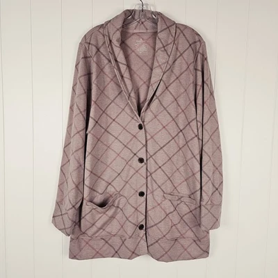 Cuddl Duds Comfortwear Cardigan Shaw Collar Button Up Plaid Pockets 2x Taupe - Image 1 of 4