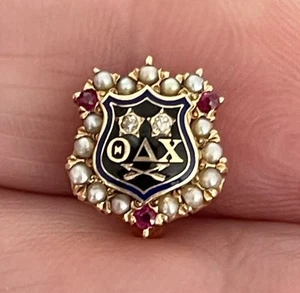 14K Massiv Gelbgold Theta Delta Chi Emaille Rubin Perle Bruderschaft Pin 2,88g - Bild 1 von 3