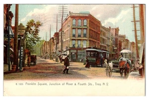 TROY, NEW YORK - FRANKLIN SQUARE - RIVER & FOURTH STREETS - HORSE-DRAWN POSTCARD - Picture 1 of 2