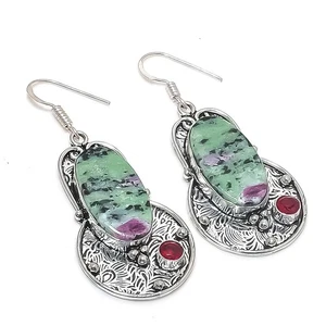 Ruby Zosite, Garnet Gemstone 925 Sterling Silver Jewelry Earring 2.25" - Picture 1 of 5