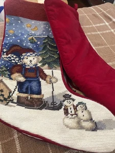 needlepoint christmas stocking New Bear Skier Snowman  Moon Stars  Trees 17” New - Picture 1 of 2