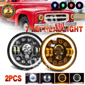 2x 7”inch RGB Skull LED Headlights Halo DRL For International Harvester Scout II - Picture 1 of 20