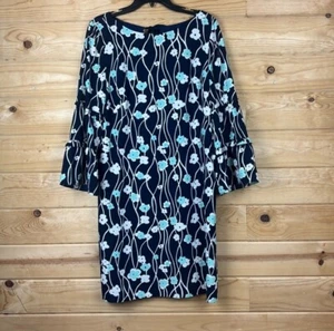 Talbots Navy Blue Floral Lined Midi Dress 3/4 Sleeve Tie Back Size 8 - Picture 1 of 5