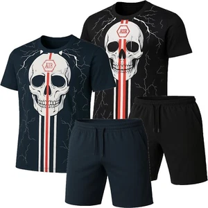 Mens Summer Short Set T-shirt 2 Pcs Breathable Strech Crewneck and Short - Picture 1 of 12