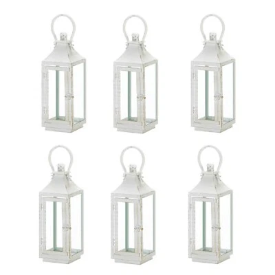 6 Pc Discount Wedding Lot Traditional White Candle Lantern Iron Glass 12" Tall - Image 1 of 4
