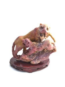 60's Chinese Hand Carved Soapstone Tiger + Cub Statue Sculpture Figurine w Base 