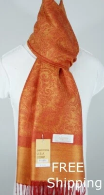 Mujer Pashmina Bufanda Envoltura Paisley Rojo Naranja. Seda Cachemira. Suave Foto 1 de 3
