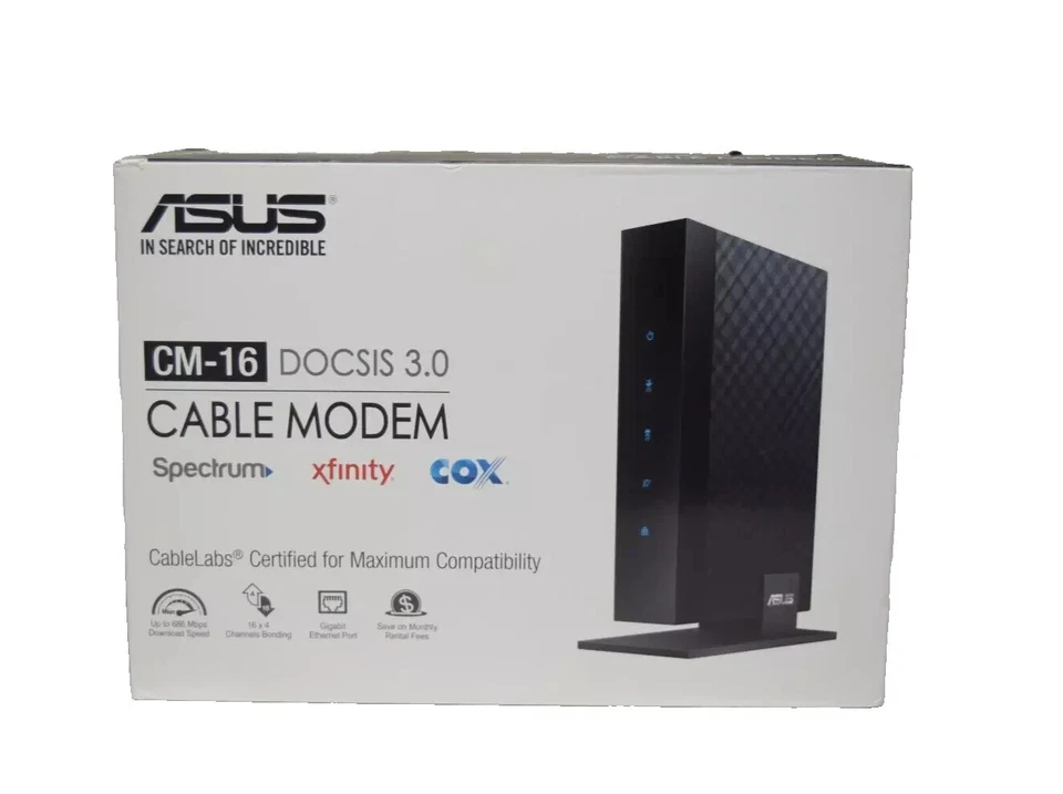 Cable módem Asus CM-16 DOCSIS 3.0 Gigabit LAN 686Mbps con cable de alimentación y Ethernet  Foto 1 de 4
