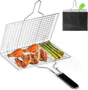 Stainless Steel Grill Basket with Handle Non Stick Folding Meat BBQ Grilling - Picture 1 of 7