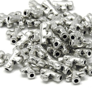 20 Antique Silver Little 10mm Cross Beads Wooden Branch Style with 1.5mm Hole