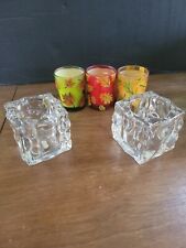 2 Party Lites Clear Square Votive Holders And 3 Leaf Print Small Candle Jars
