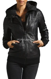 New Women's Genuine Lambskin 100% Leather Jacket Biker Stylish Hooded Black Coat - Picture 1 of 4