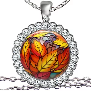 Austrian Crystal Autumn Fall Leaves Necklace Faux Stained Glass Art Print - Picture 1 of 5