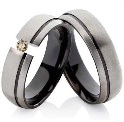 2 Eheringe Trauringe mit echtem Diamant Verlobungsringe aus Titan TLB22 - Bild 1 von 4