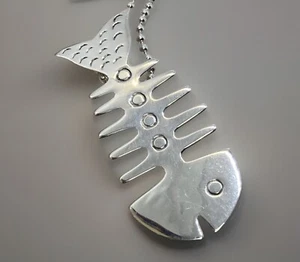 Modernist Taxco Etched 925 Sterling FISH BONES Pin Pendant Necklace 18.5" 12.4g - Picture 1 of 8