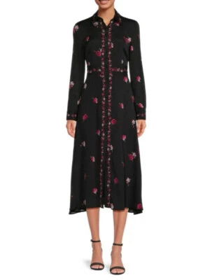 Vestido Camisa Midi Pinko 'Mirimar' Negro Estampado Rosa Manga Larga Talla 38 Foto 1 de 4