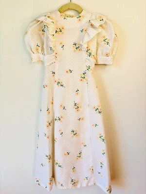 VTG 70'S IVORY SWISS DOT &PINK FLORAL PRAIRIE RUFFLE TIE MAXI DRESS*GIRLS 5-6 - Image 1 of 4