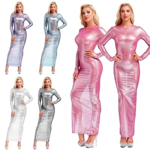 Maxi abito donna lucido metallizzato trasparente vedi attraverso abiti lunghi rave nightwear - Foto 1 di 61