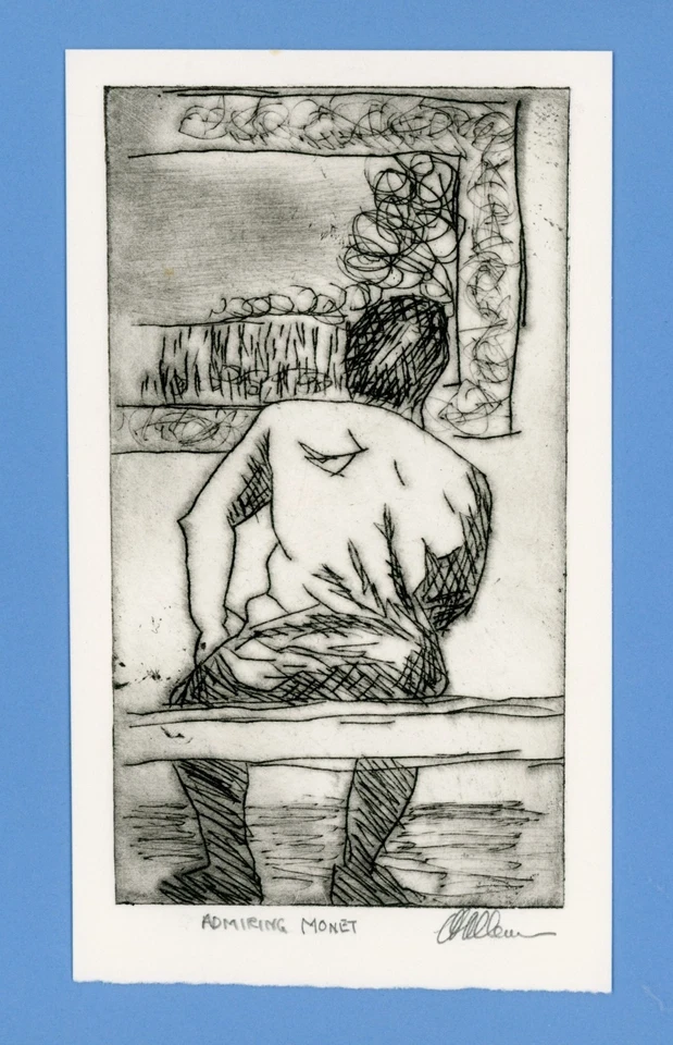 Visitante del Museo de Arte; Pintura de Claude Monet. Grabado impresionista original firmado Foto 1 de 1