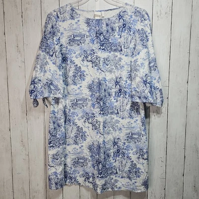 H&M Toile Linen Blend Jungle Tigers Blue White Shift Dress Tie Sleeve Size 14 - Image 1 of 4