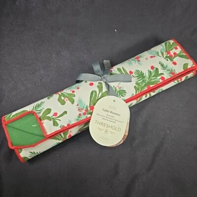 Threshold Christmas Table Runner Reversable Red Berries Green Leaves 14x72” NEW - Image 1 of 4