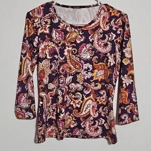 J Mclaughlin Top Womens Sz S Catalina Cloth Crew Neck 3/4 Sleeve Paisley Autumn - Picture 1 of 7